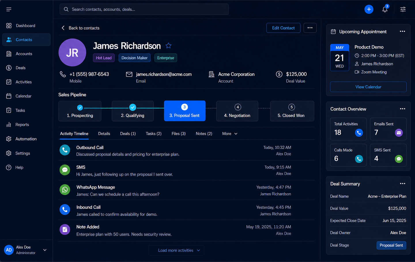 CRM contact record with sales pipeline stages and an activity timeline